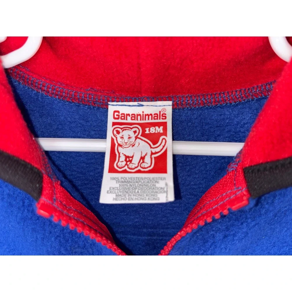 VINTAGE 90'S GARANIMALS Toddler Boy Jacket Fleece Zip Blue Red Fleece Hooded Paw